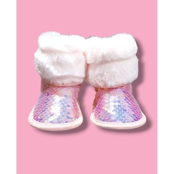 First Steps Sequin Toddler Size 4 Baby Girl Fluffy Faux Fur Shiny Slipper Boots - Picture 4 of 16